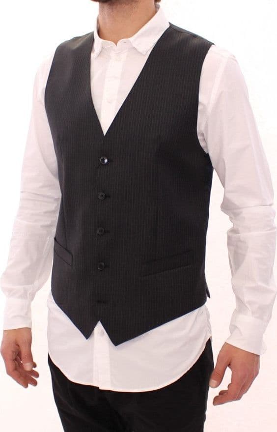 Gray Striped Wool Single Breasted Vest - 2