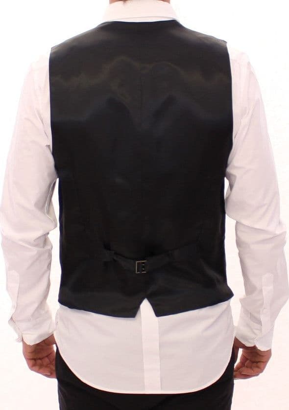 Gray Striped Wool Single Breasted Vest - 3