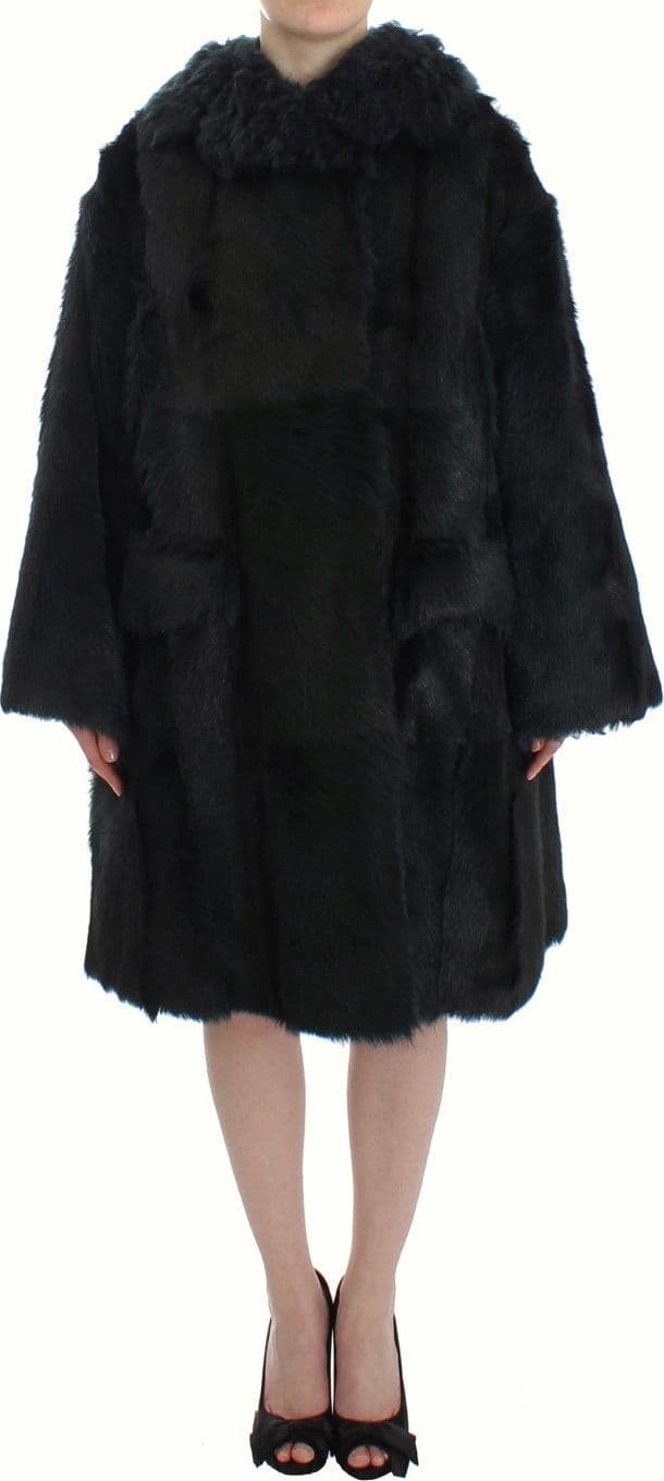 Black Goat Fur Shearling Long Jacket Coat - 2