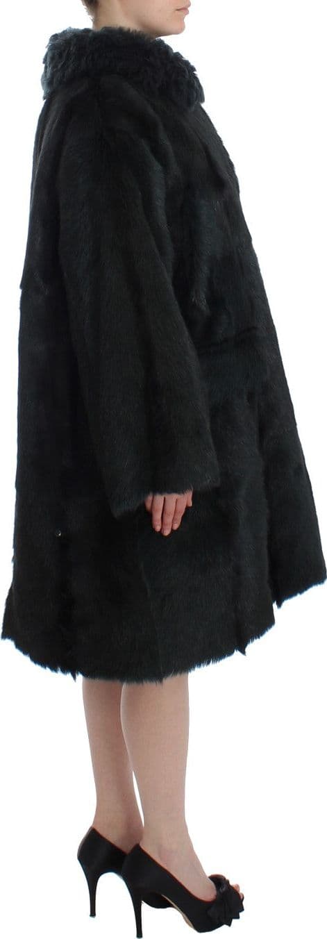 Black Goat Fur Shearling Long Jacket Coat - 5