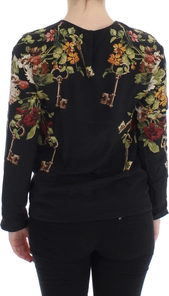 Black Key Floral Print Silk Blouse Top - 3