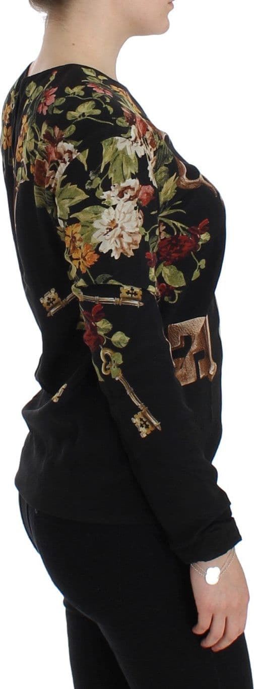 Black Key Floral Print Silk Blouse Top - 4