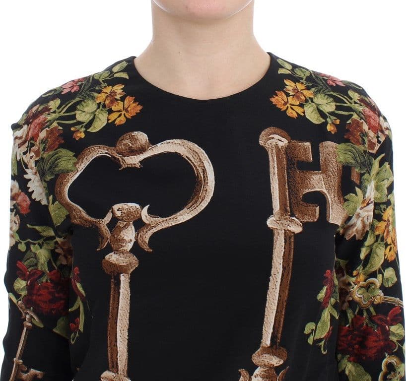 Black Key Floral Print Silk Blouse Top - 5