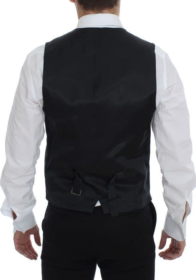 Black Striped Wool Single Breasted Vest - 7