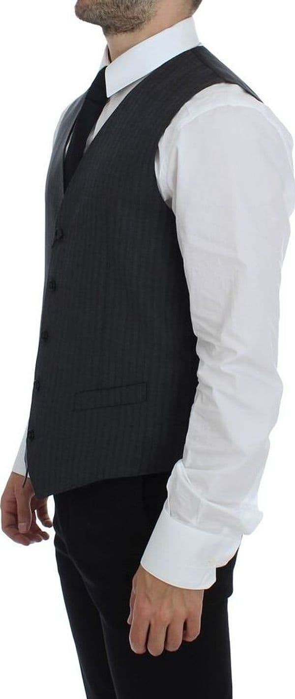 Black Striped Wool Single Breasted Vest - 8