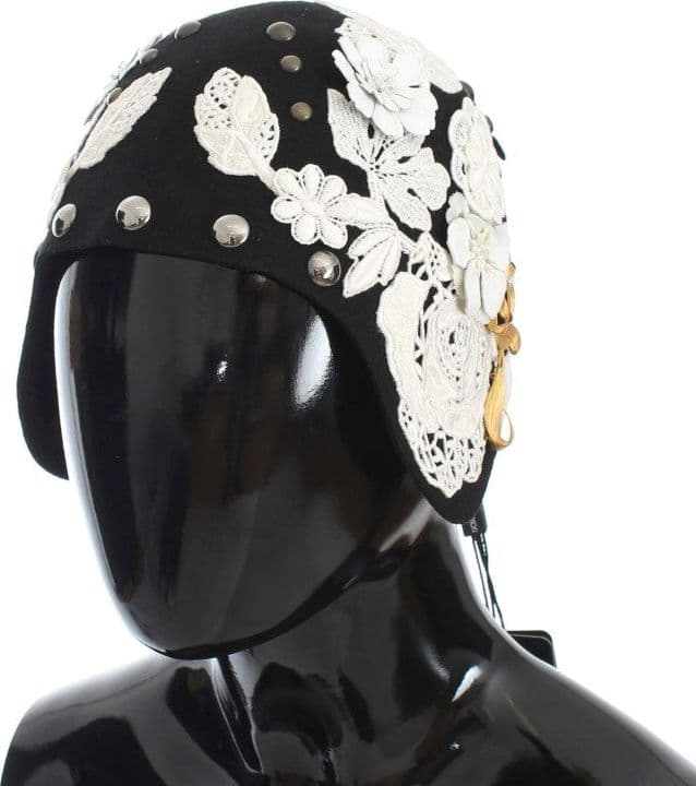 Black Wool White Floral Gold Leaf Hat - 2