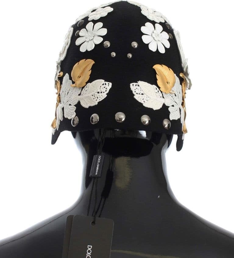 Black Wool White Floral Gold Leaf Hat - 3