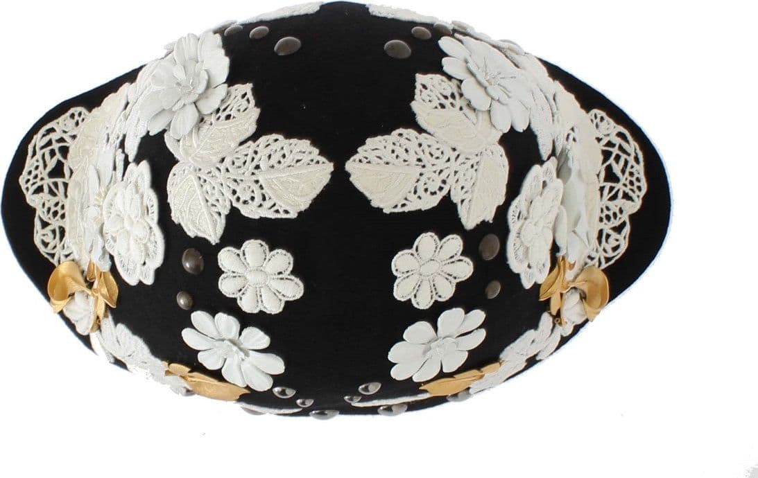 Black Wool White Floral Gold Leaf Hat - 4