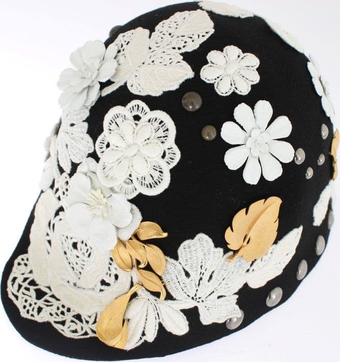 Black Wool White Floral Gold Leaf Hat - 5