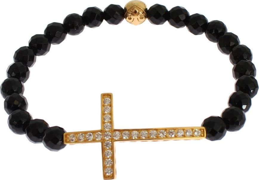 Agate Stone Gold CZ Cross 925 Silver Bracelet - 2