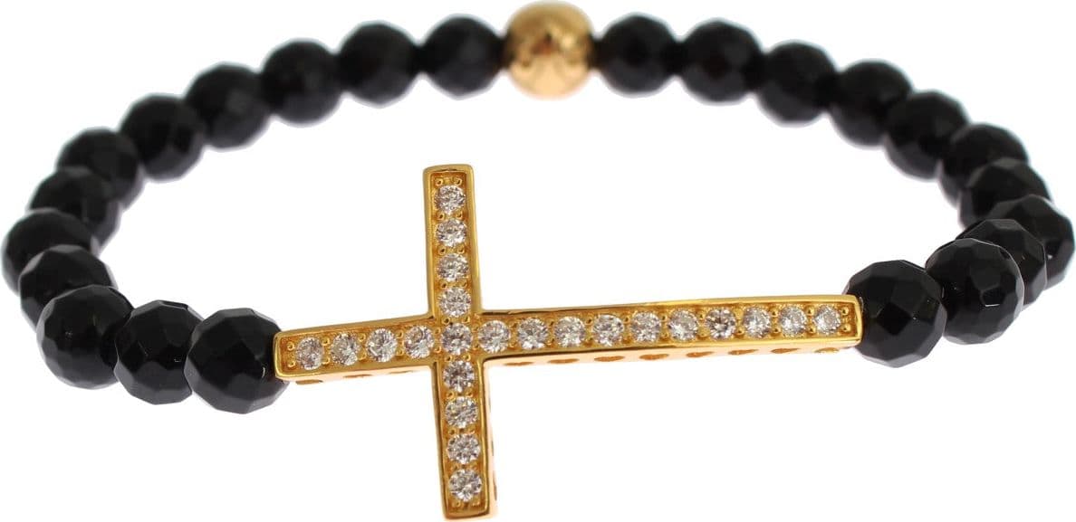 Agate Stone Gold CZ Cross 925 Silver Bracelet - 3