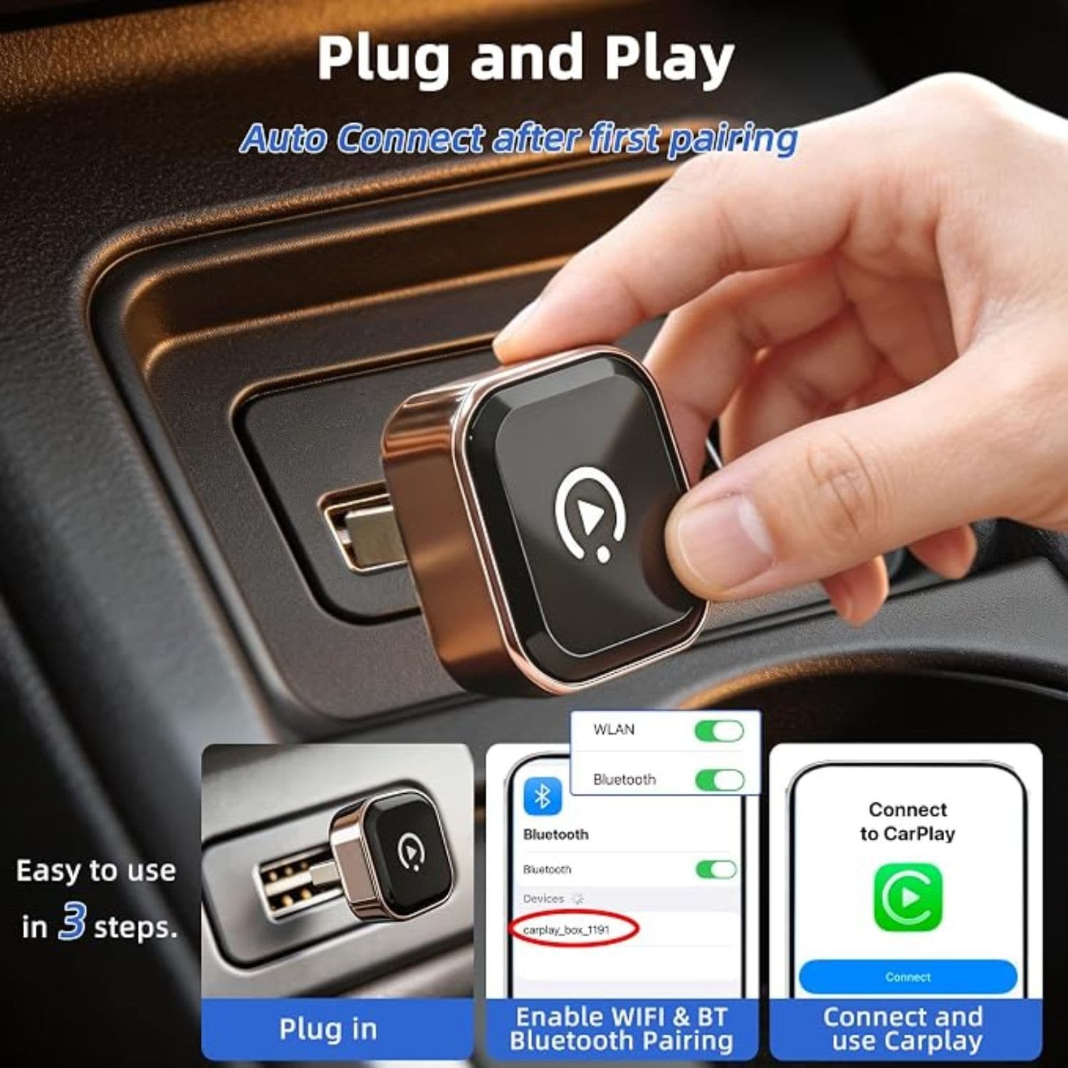 Adattatore Carplay Wireless Per Auto USB A, adattatore USB-C incluso - 3