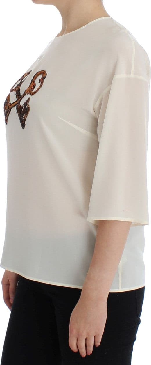 White Sequined Key Silk Blouse T-shirt Top - 2