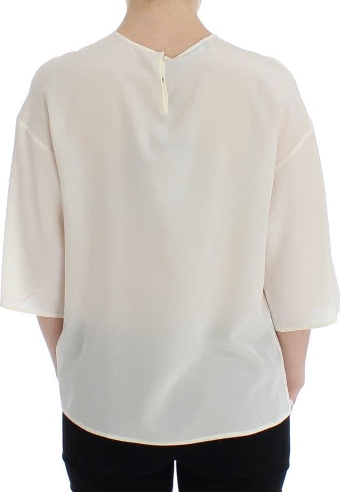 White Sequined Key Silk Blouse T-shirt Top - 3