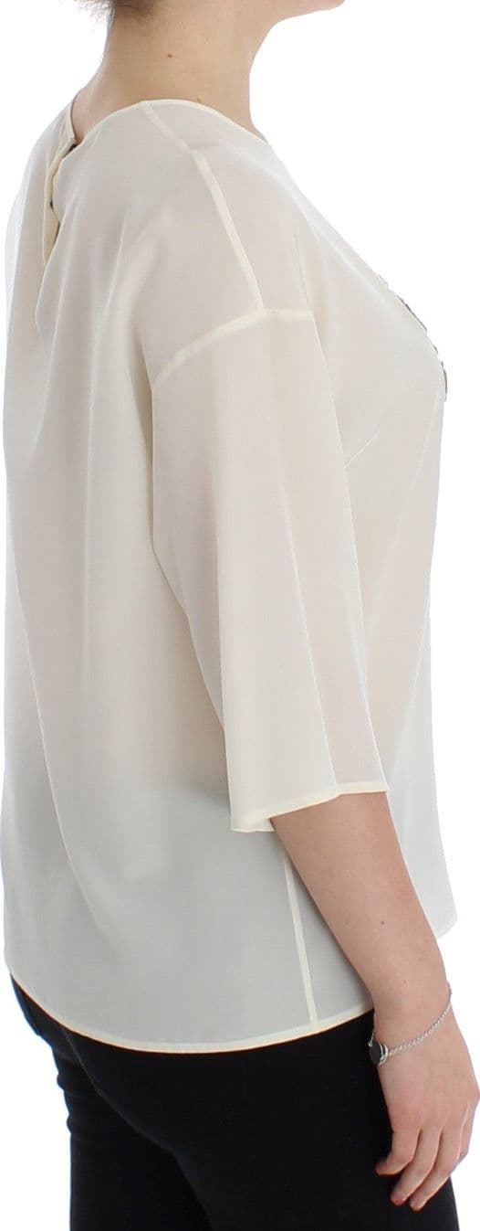 White Sequined Key Silk Blouse T-shirt Top - 4