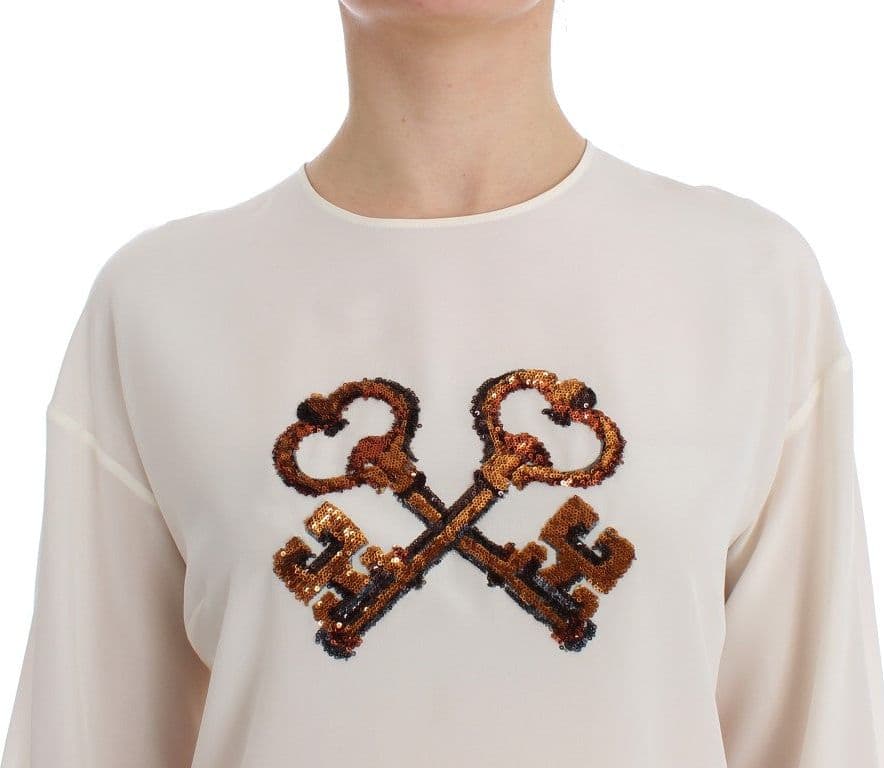 White Sequined Key Silk Blouse T-shirt Top - 5