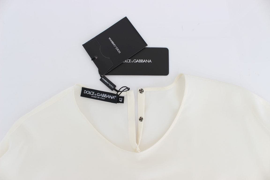 White Sequined Key Silk Blouse T-shirt Top - 6