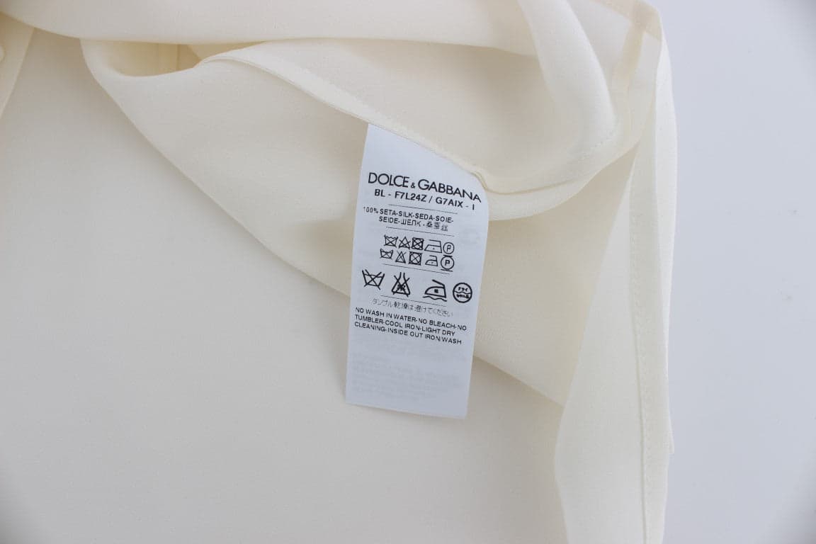 White Sequined Key Silk Blouse T-shirt Top - 8