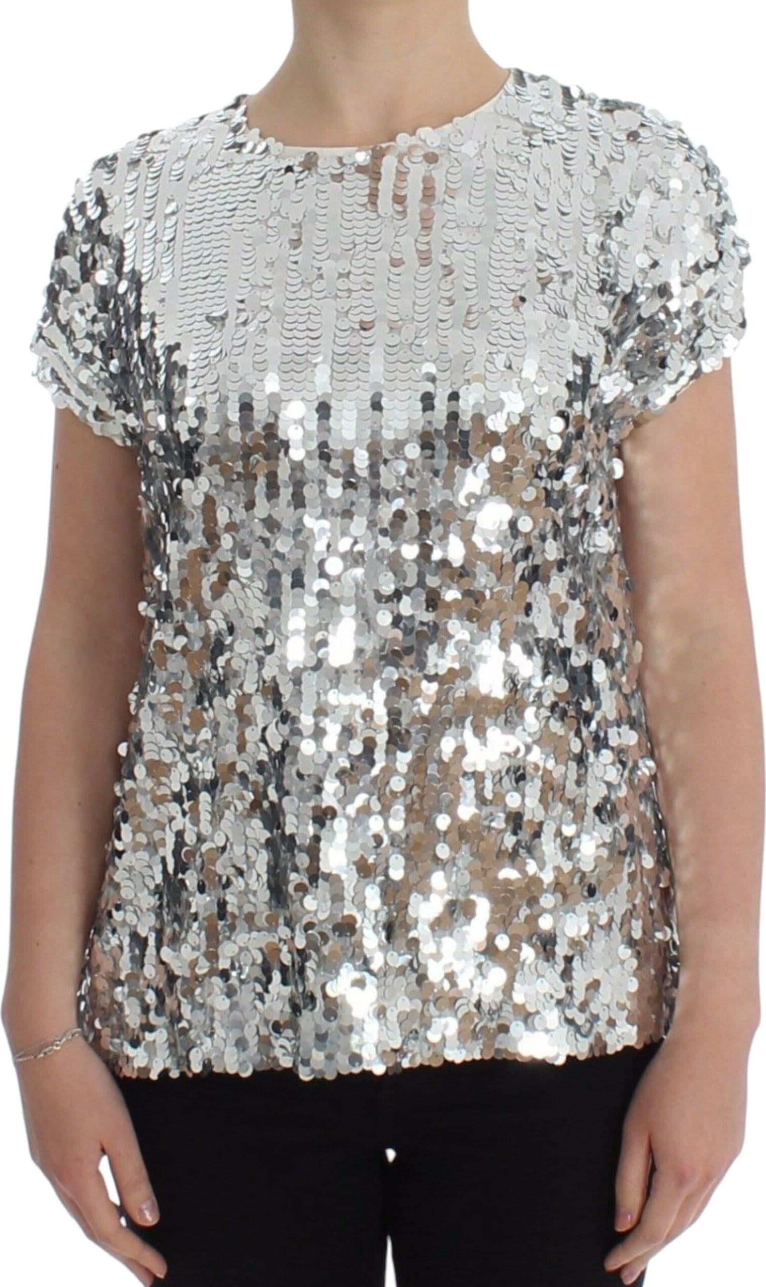 Silver Sequined Crewneck Blouse T-shirt Top