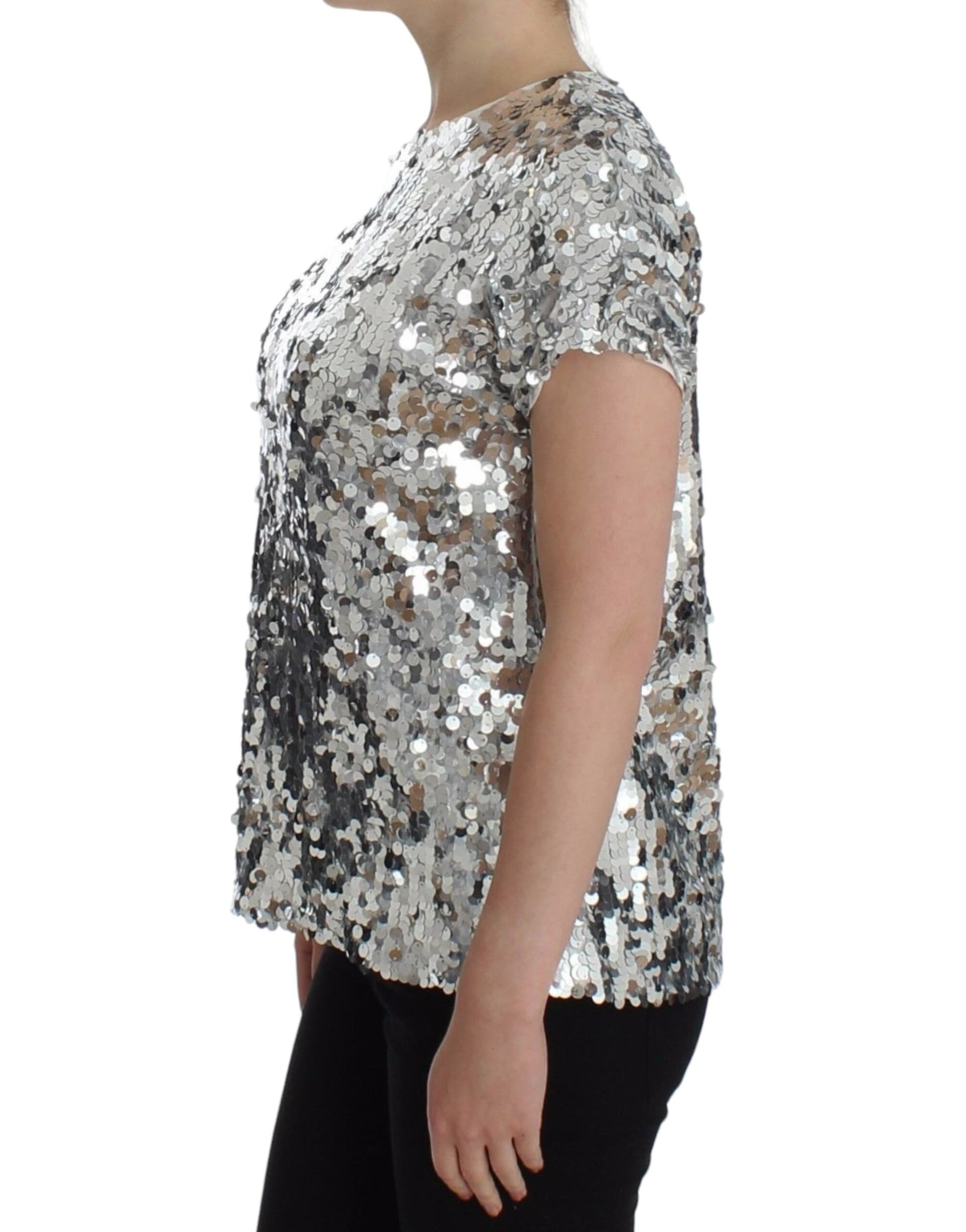 Silver Sequined Crewneck Blouse T-shirt Top - 2