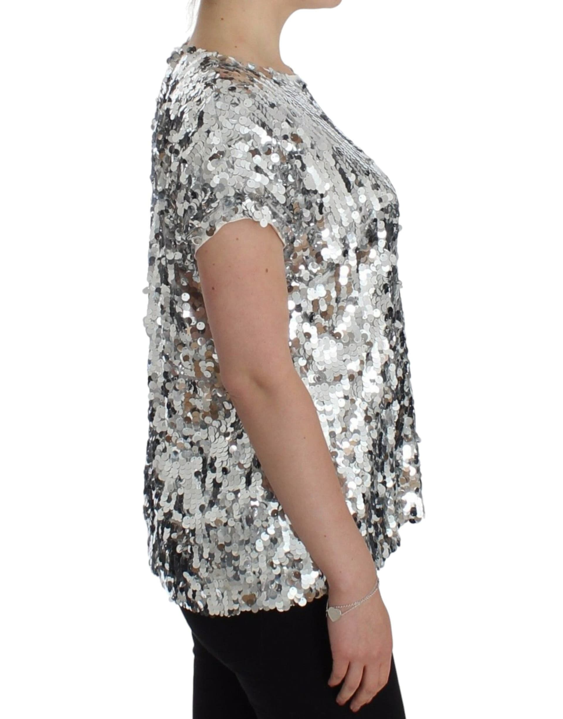 Silver Sequined Crewneck Blouse T-shirt Top - 4