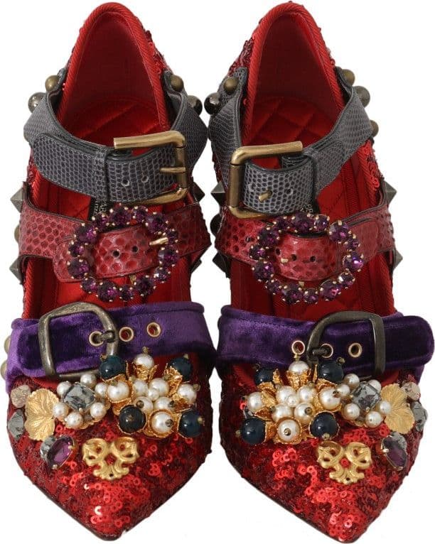 Red Sequined Crystal Studs Heels Shoes - 4