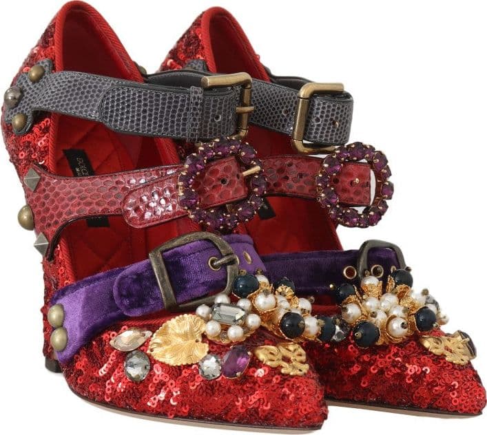 Red Sequined Crystal Studs Heels Shoes - 5