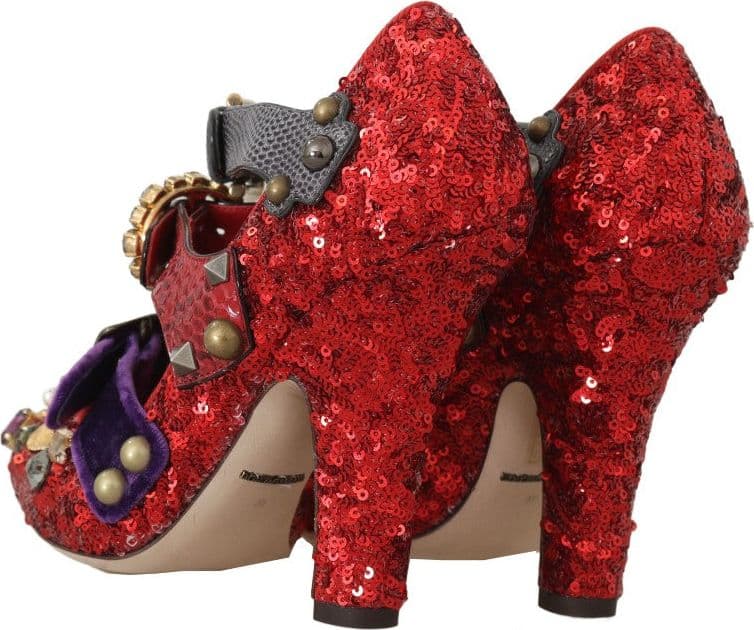 Red Sequined Crystal Studs Heels Shoes - 6