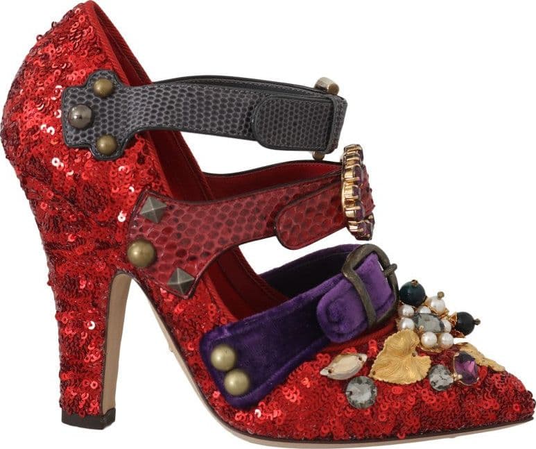 Red Sequined Crystal Studs Heels Shoes - 7