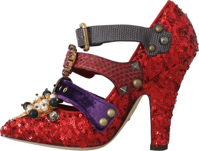 Red Sequined Crystal Studs Heels Shoes - 8