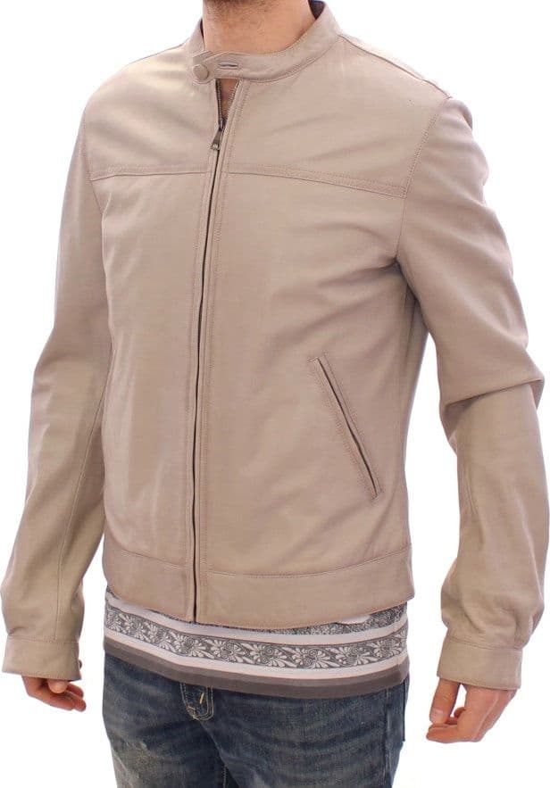 Beige Leather Jacket Biker Coat - 2