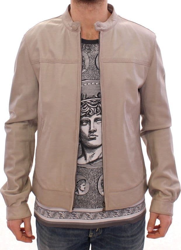 Beige Leather Jacket Biker Coat - 4
