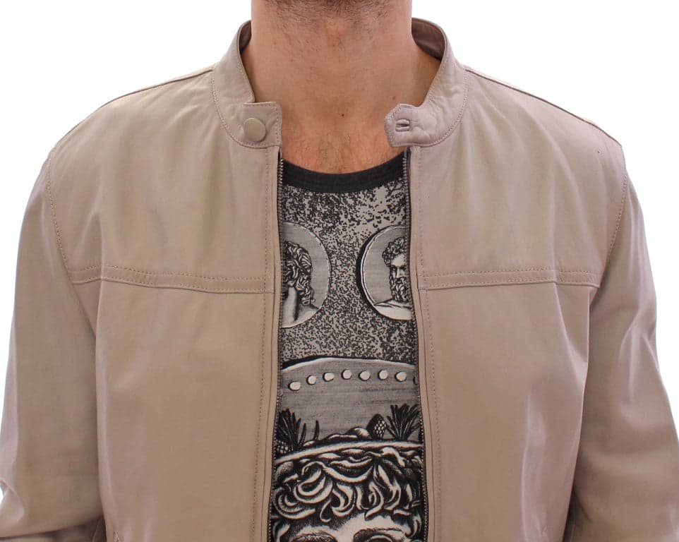 Beige Leather Jacket Biker Coat - 6