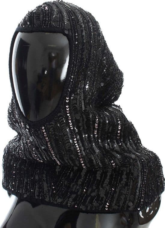 Black Knitted Sequin Hood Scarf Hat - 2