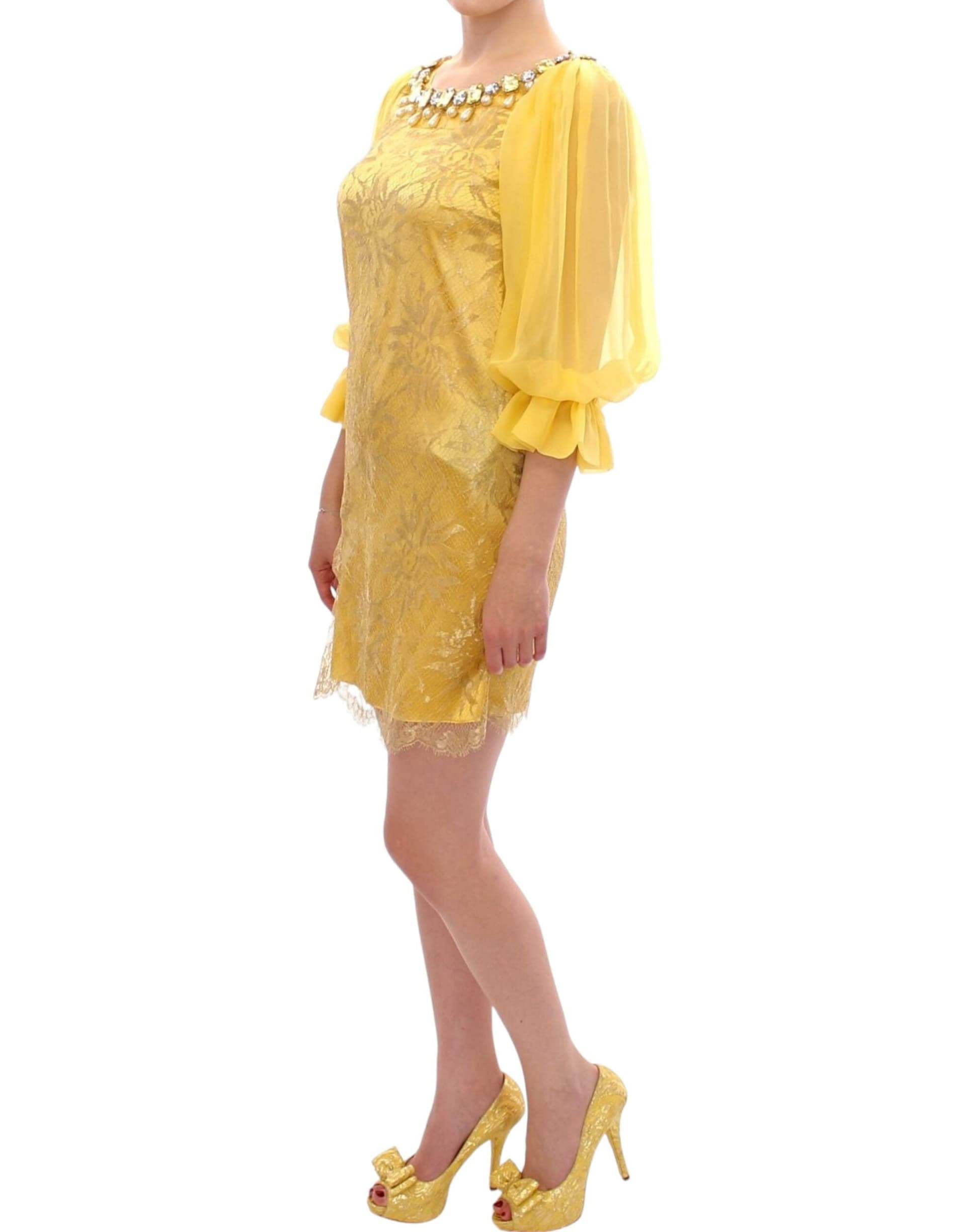 Yellow lace crystal mini dress - 3