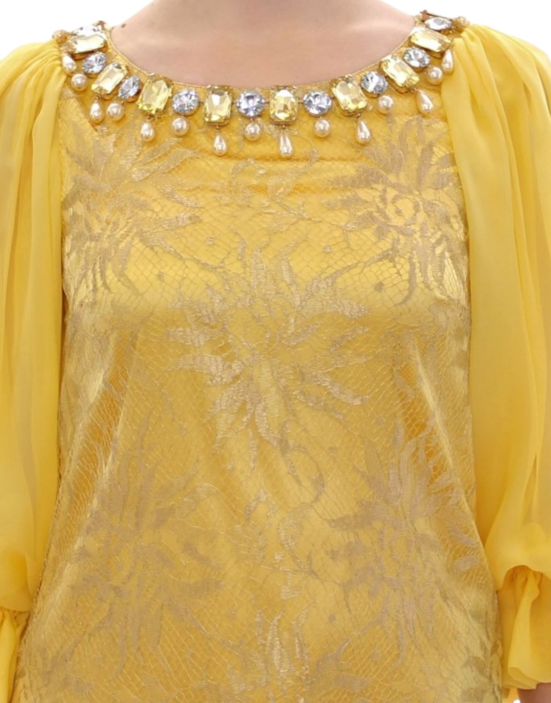 Yellow lace crystal mini dress - 5
