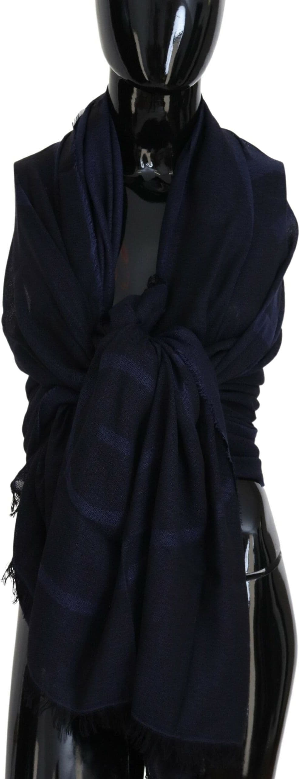 Dark Blue Wool Neck Wrap Shawl Fringes Scarf - 3