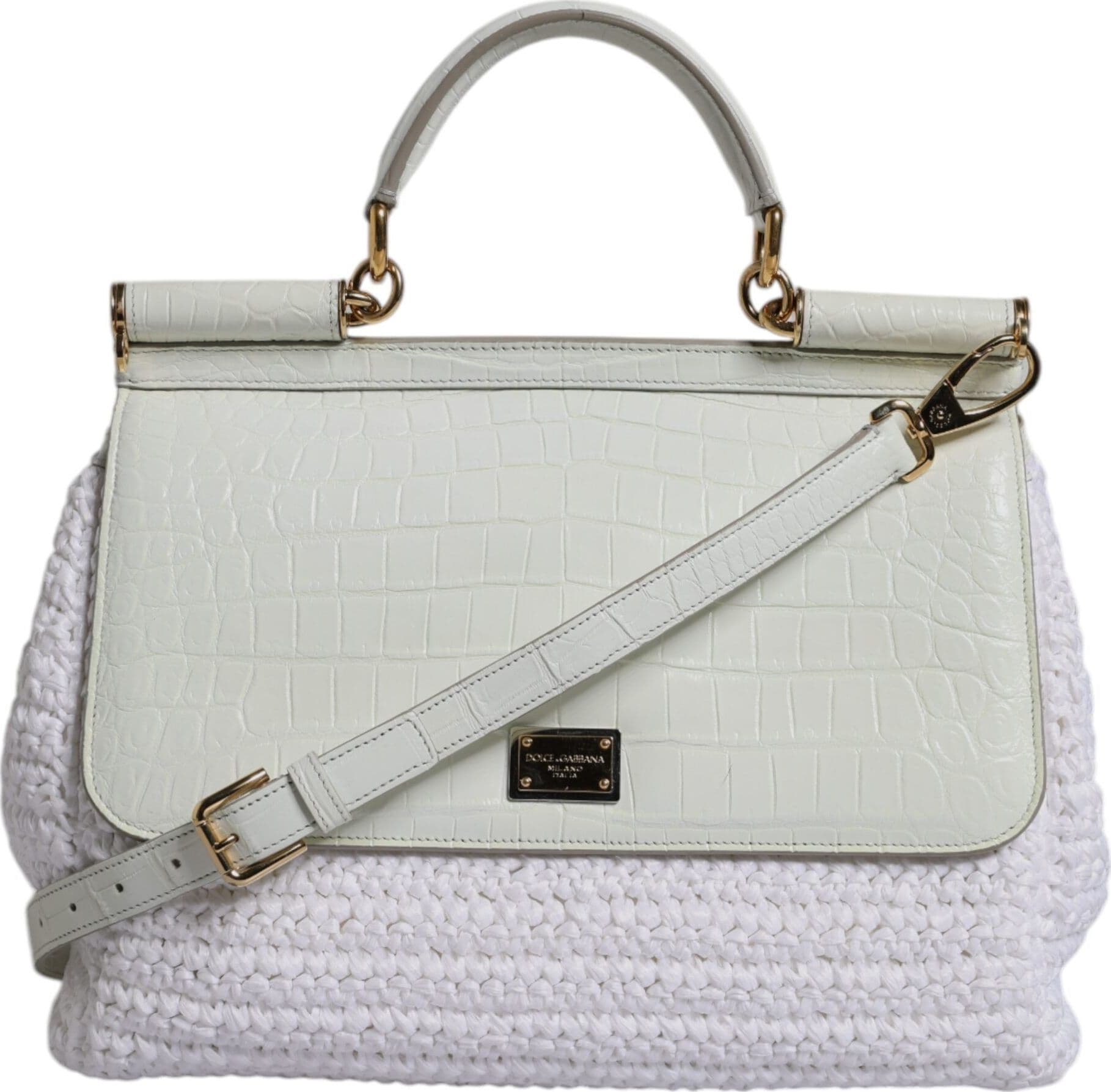 White Rafia Leather Top Handle Crossbody Bag - 3