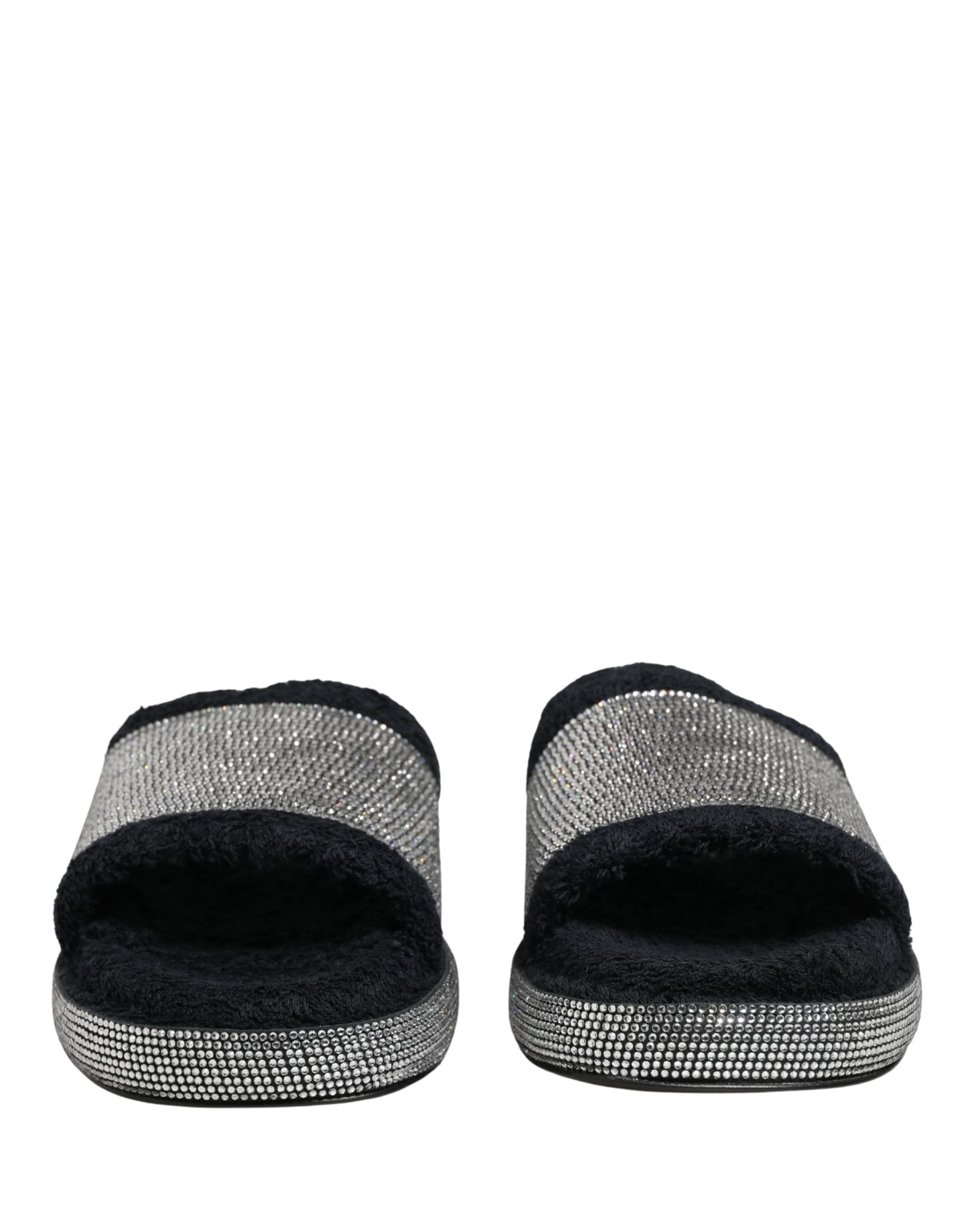 Black Crystal Embellished Platform Slides Shoes - 2