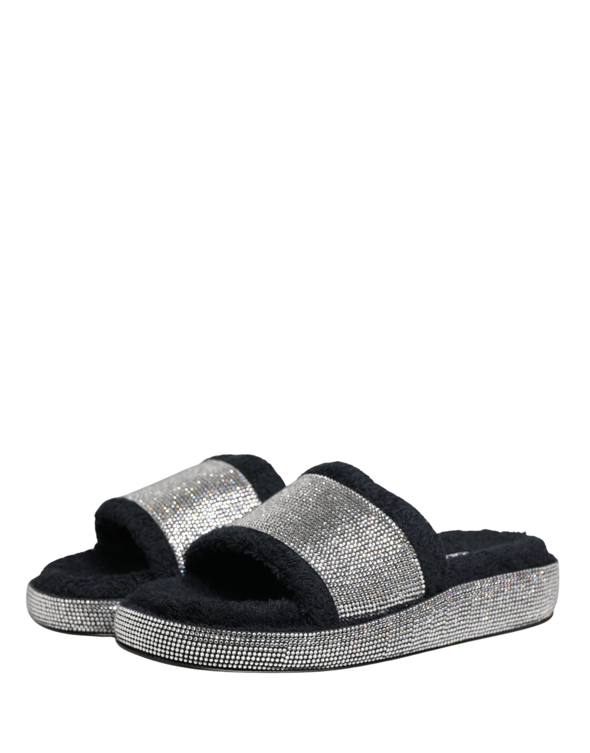 Black Crystal Embellished Platform Slides Shoes - 4