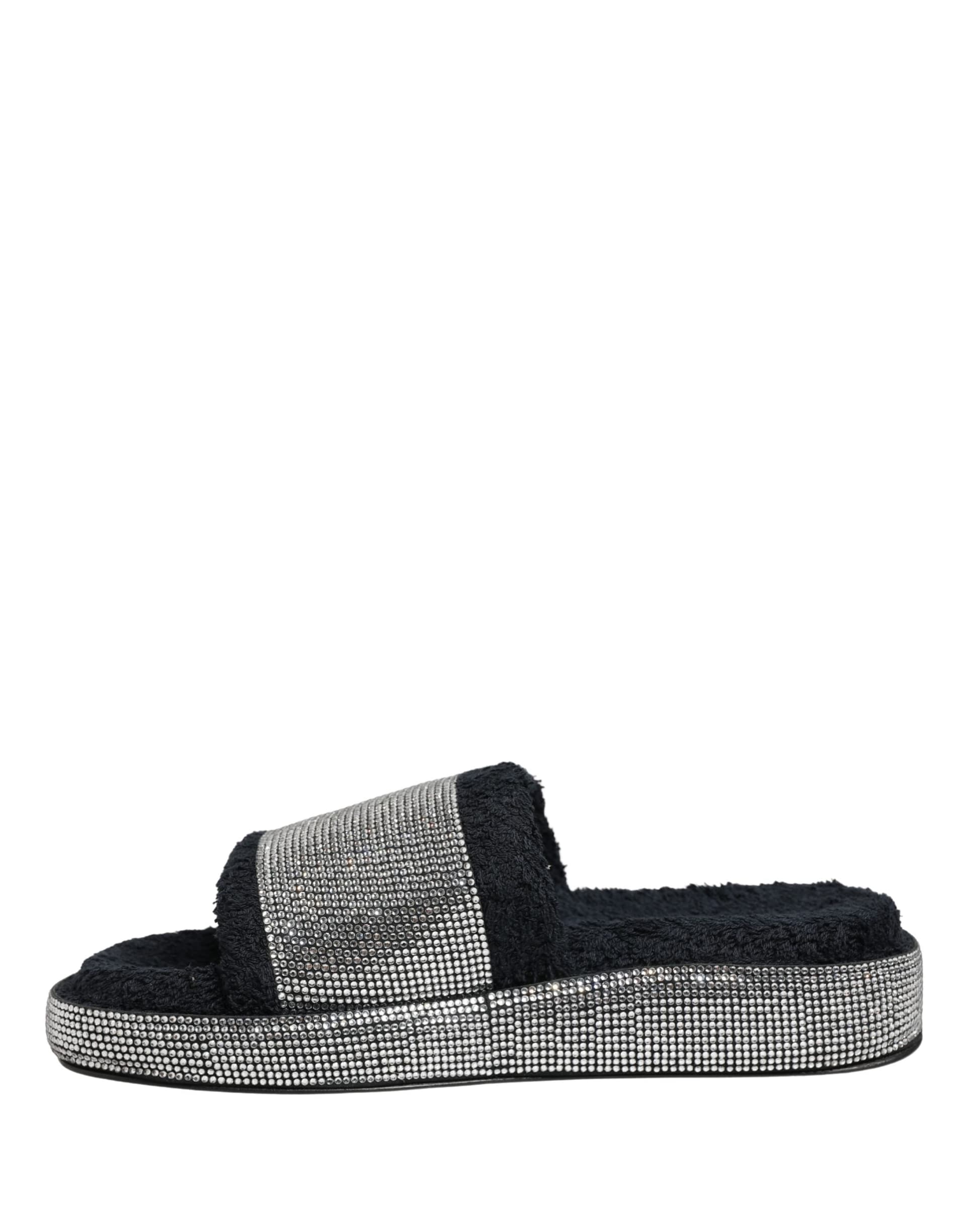 Black Crystal Embellished Platform Slides Shoes - 6