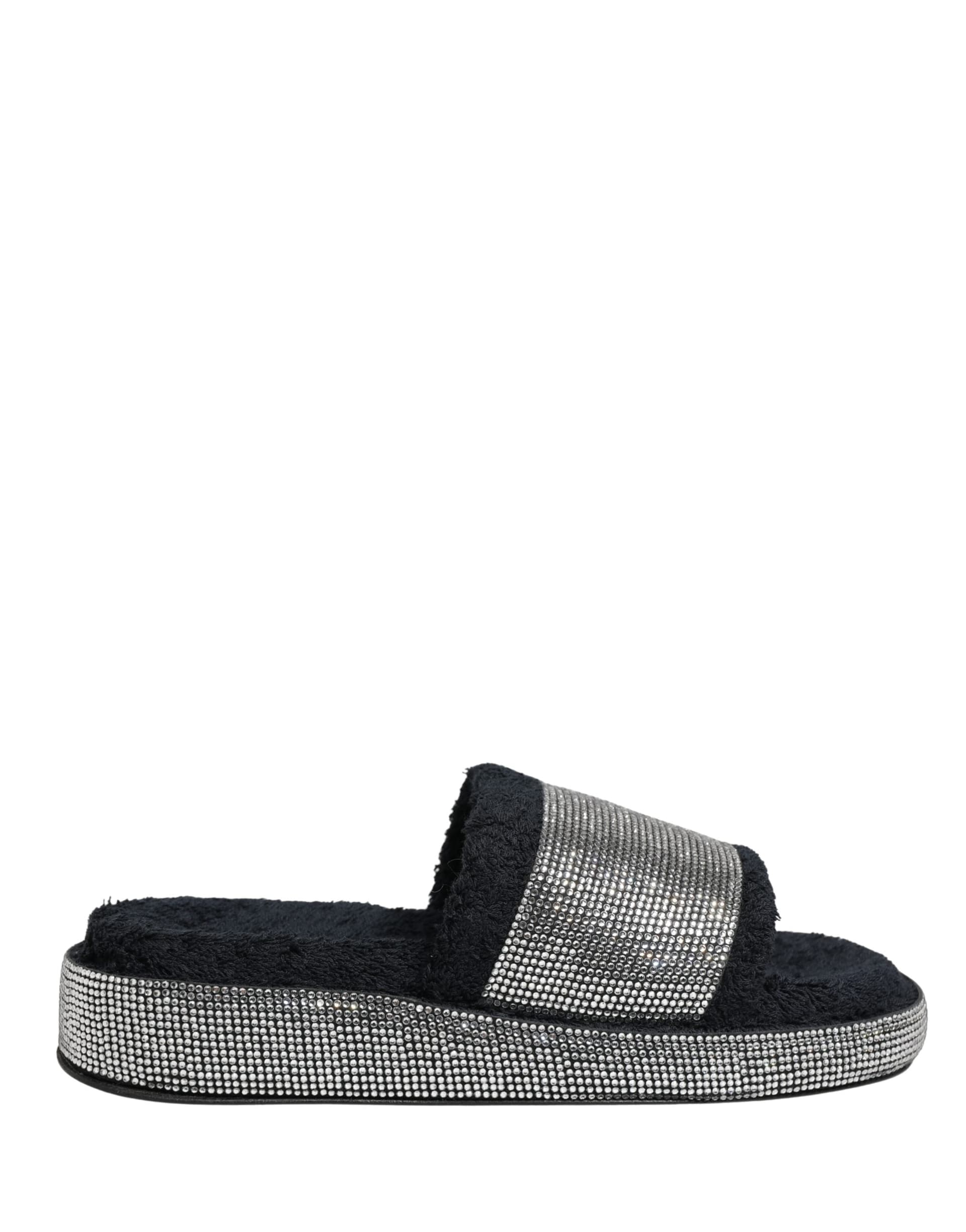 Black Crystal Embellished Platform Slides Shoes - 8