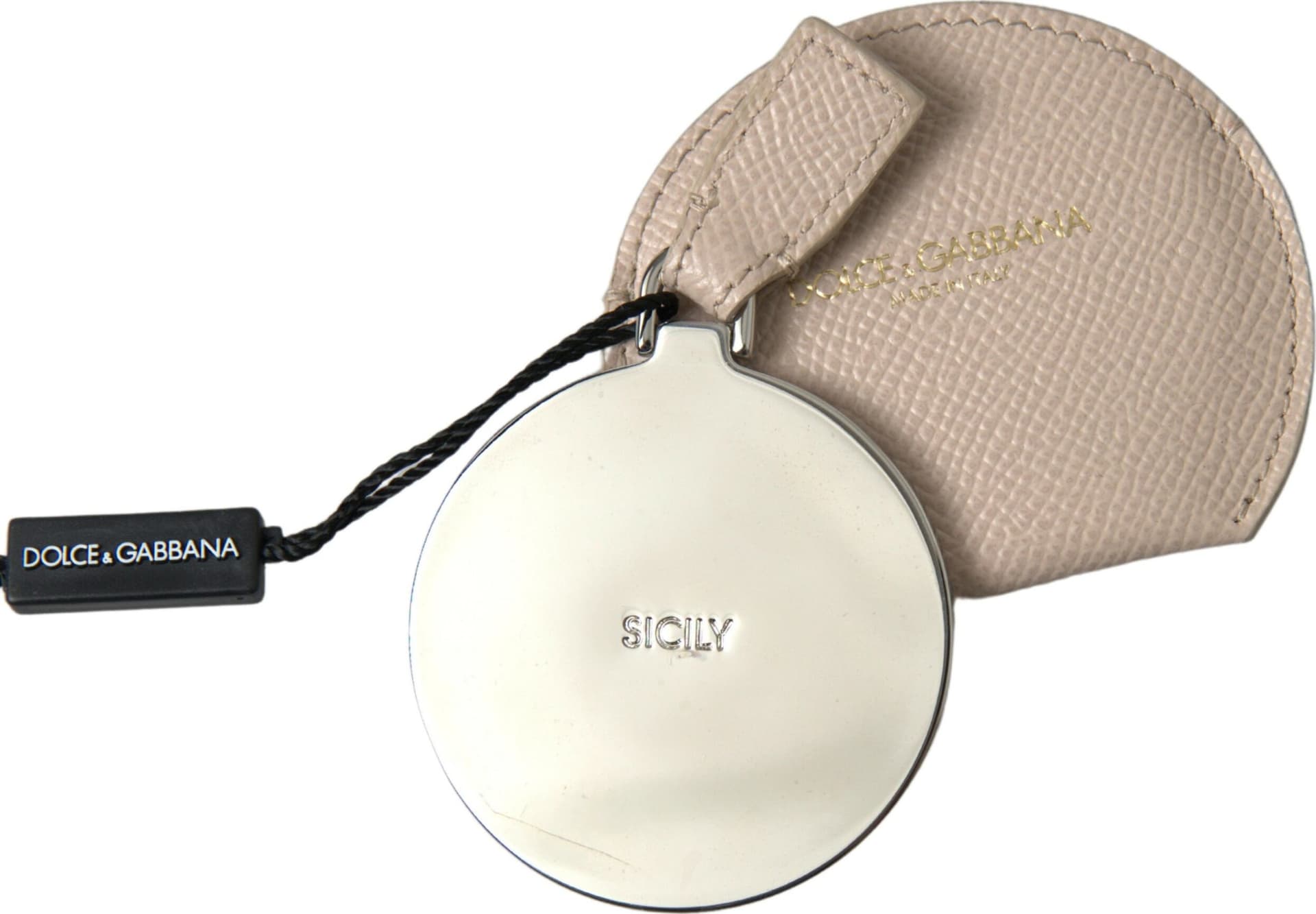 Beige Calfskin Leather Round Logo Hand Mirror Holder - 3