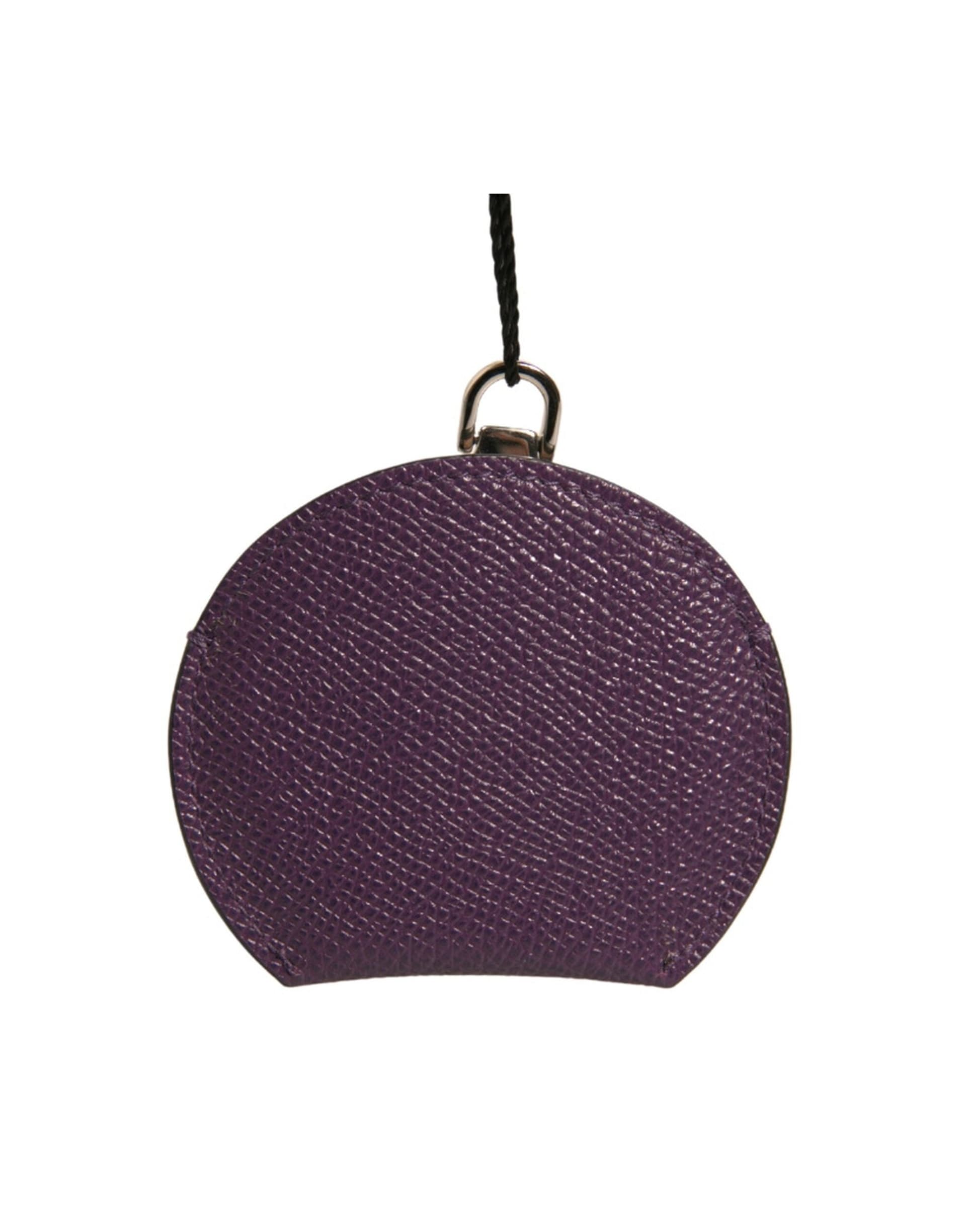 Purple Calfskin Leather Round Logo Hand Mirror Holder - 4