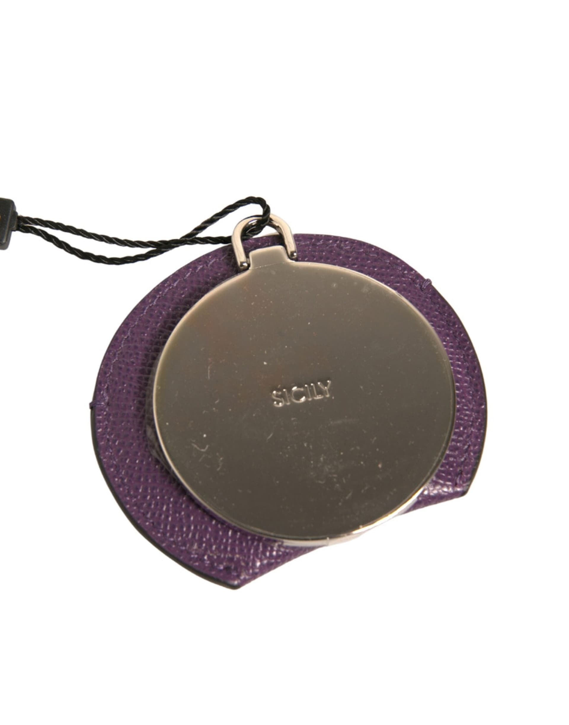 Purple Calfskin Leather Round Logo Hand Mirror Holder - 5