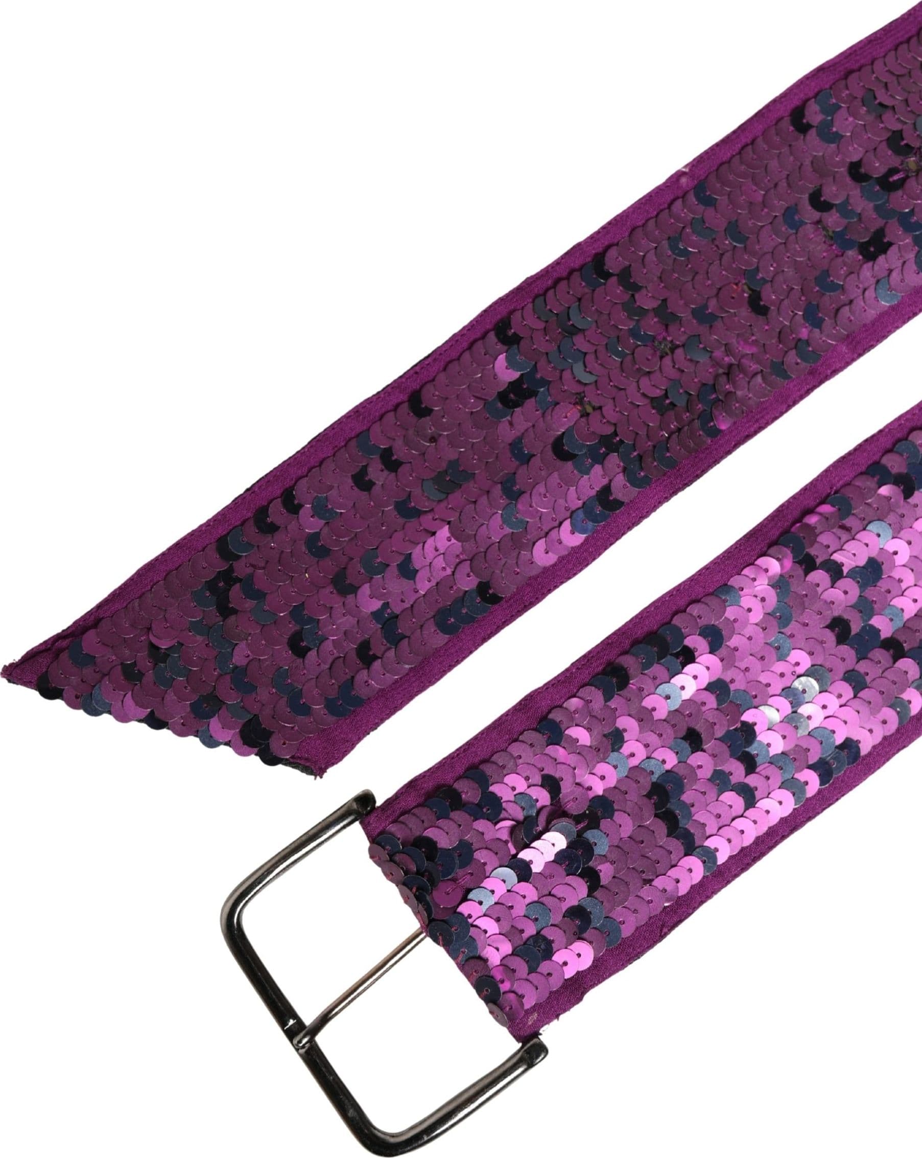 Women Purple Sequined Silver Metal Buckle Belt - 7