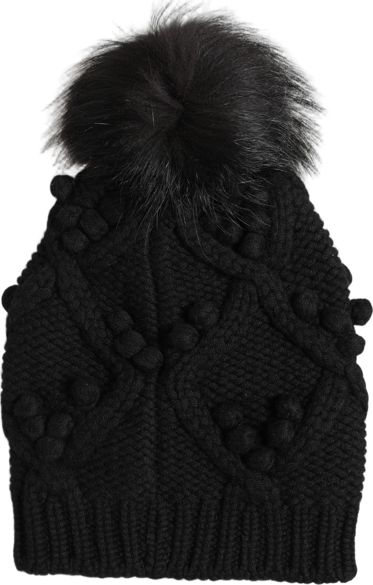 Black Cashmere Knitted Fur Pom-Pom Beanie One Size Hat - 3