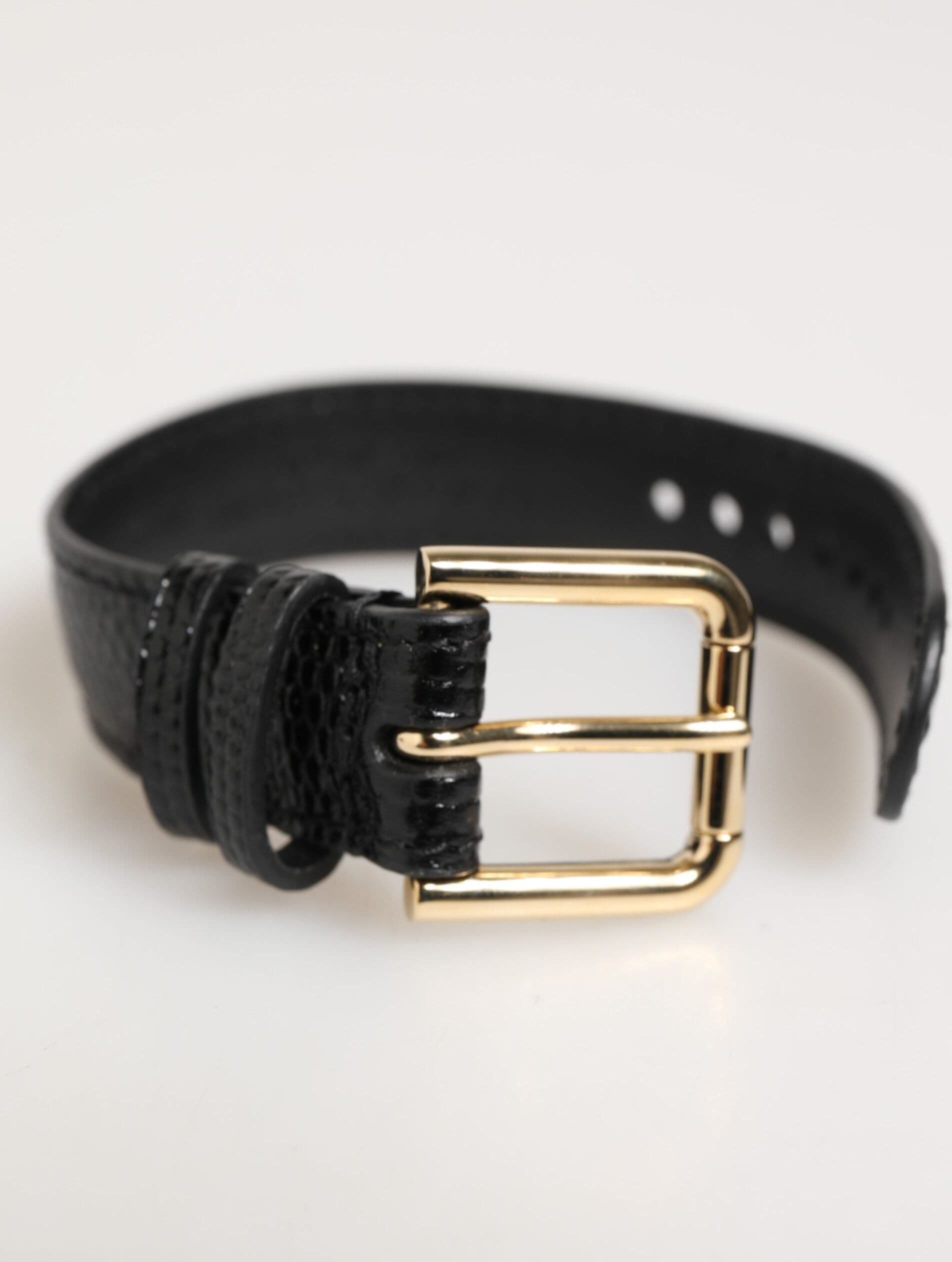 Black Embossed Leather Gold Buckle Belt Strap Bracelet - 2