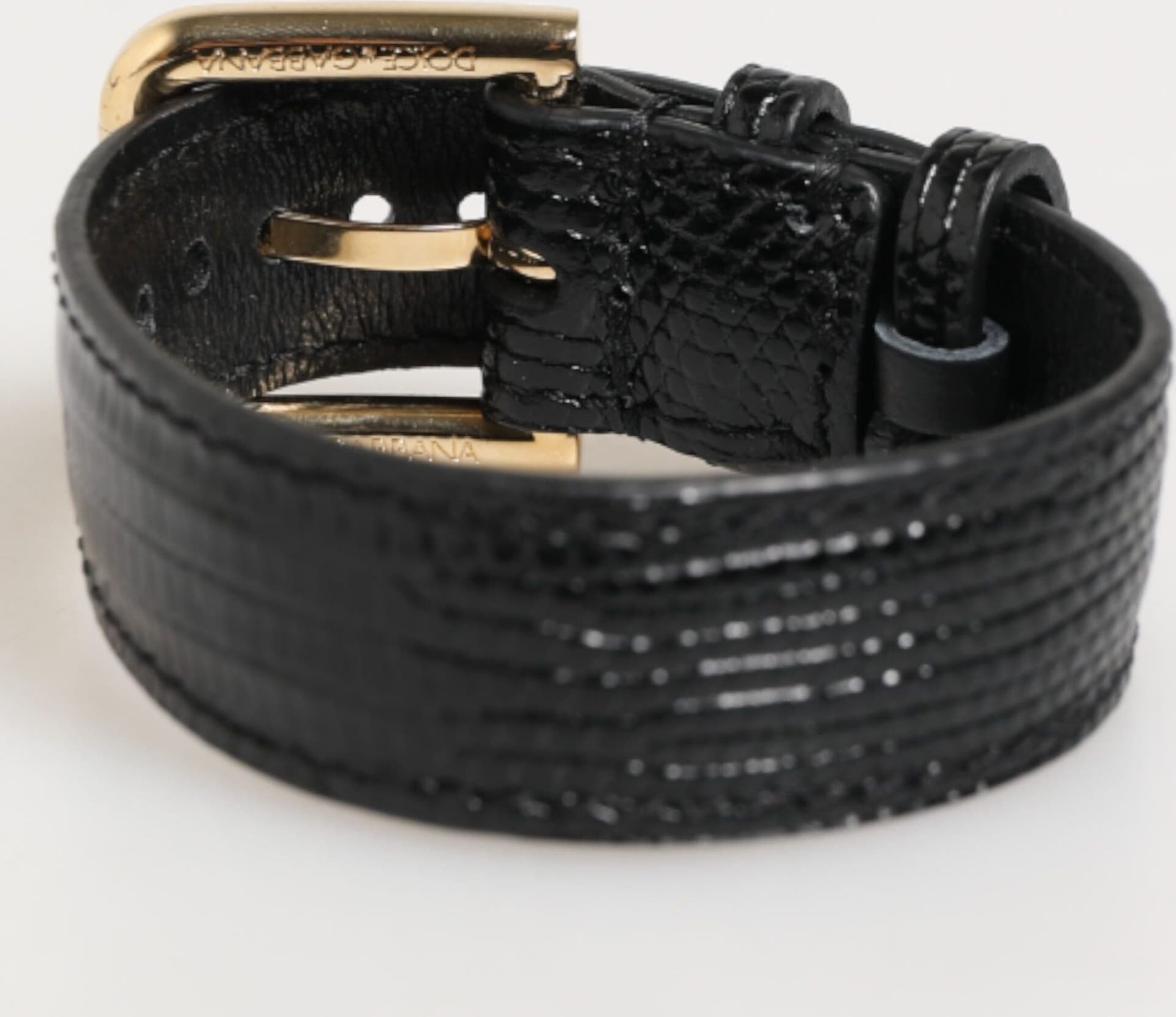 Black Embossed Leather Gold Buckle Belt Strap Bracelet - 5