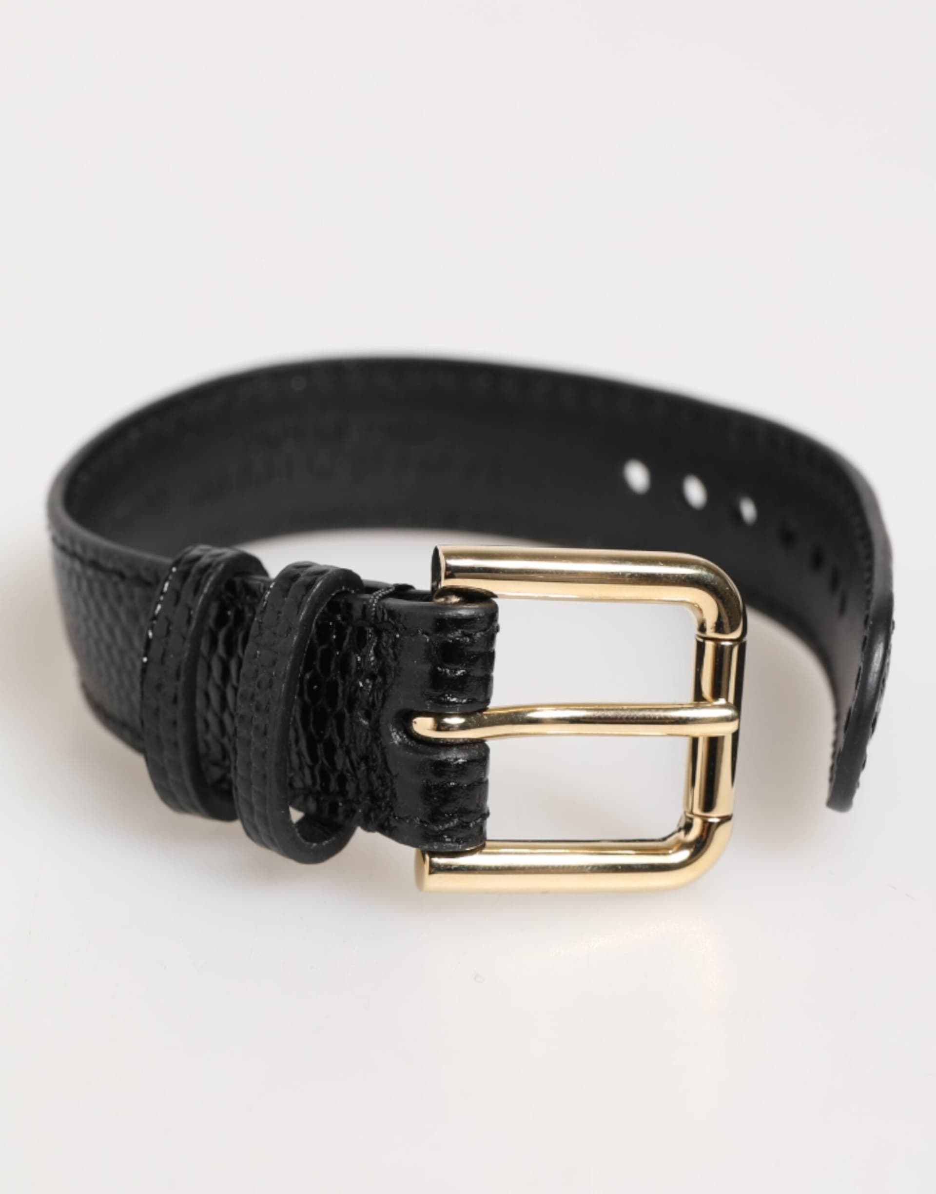 Black Embossed Leather Gold Buckle Belt Strap Bracelet - 6